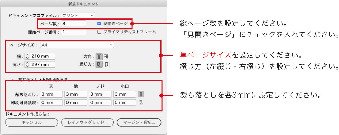 見開き設定をオンにして、ページサイズは仕上がりサイズ（単ページ）に設定してください。