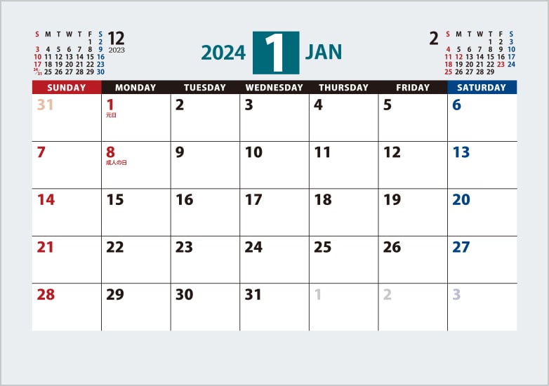 卓上カレンダー（B6サイズ紙製）の、2023年1月始まりのテンプレートイメージです。