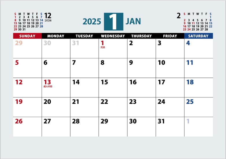 卓上カレンダー（B6サイズ紙製）の、2024年1月始まりのテンプレートイメージです。