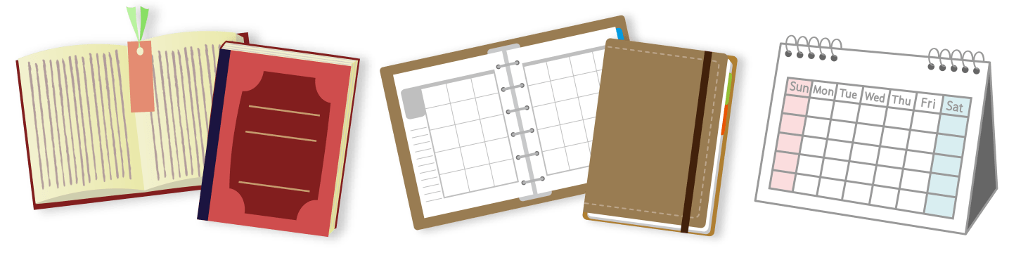 A6サイズの文庫本、卓上カレンダー、システム手帳のイメージ