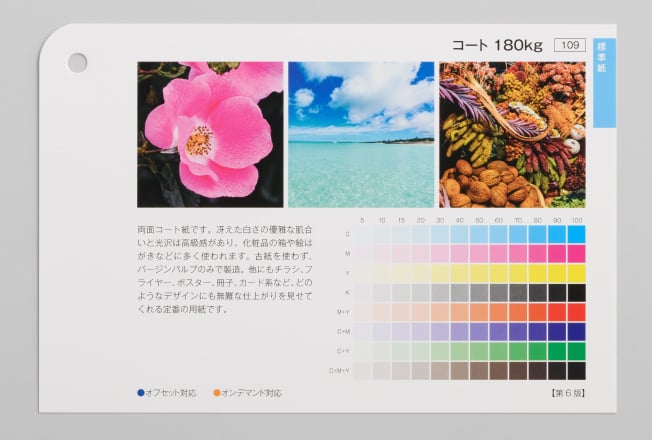 コート紙は、つるつるとした手触りと紙表面の光沢感が特徴の用紙です。