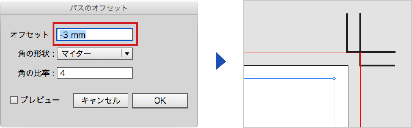 文字切れ線の場合はパスのオフセットを-3mmに定します