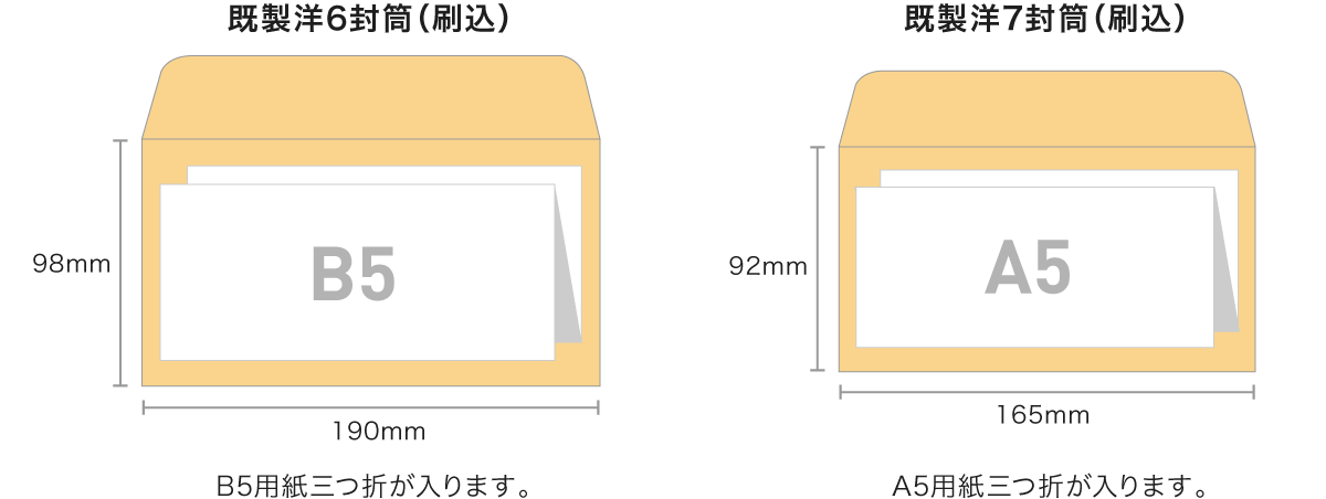 既製洋6封筒（刷込）はB5サイズの三つ折書類、既製洋7封筒（刷込）はA5サイズの三つ折書類が入ります。