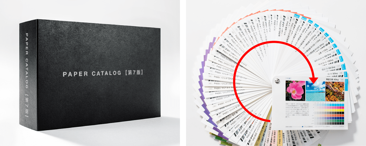 グラフィック取り扱いの用紙から約160種を厳選し1冊にまとめた紙見本「ペーパーカタログ（総合版）」のイメージ