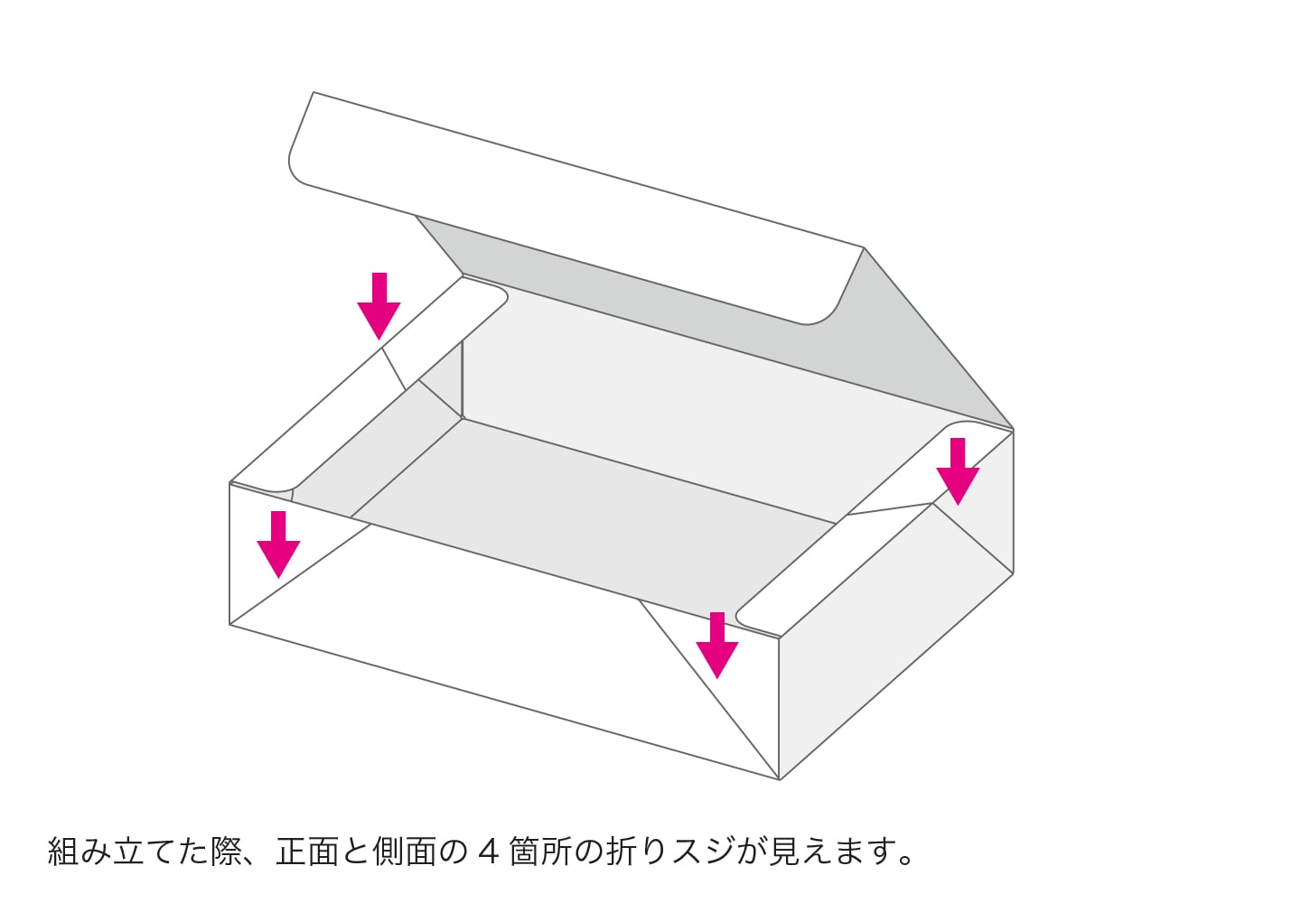 組み立てた際、正面と側面の4箇所の折りスジが見えます。