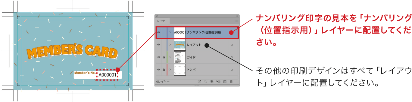 ナンバリング印字の見本を「ナンバリング（位置指示用）」レイヤーに配置してください。