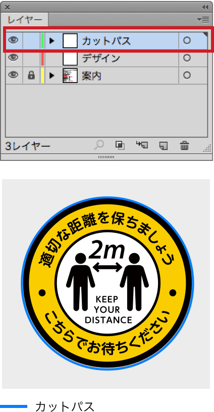 ハーフカット用のカットパスをクローズドパスで「カットパス」レイヤーに配置してください