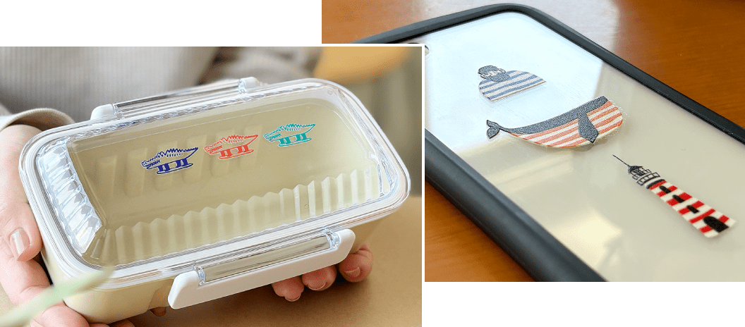 ガラス製品や、プラスチック製品への貼り付けイメージ
