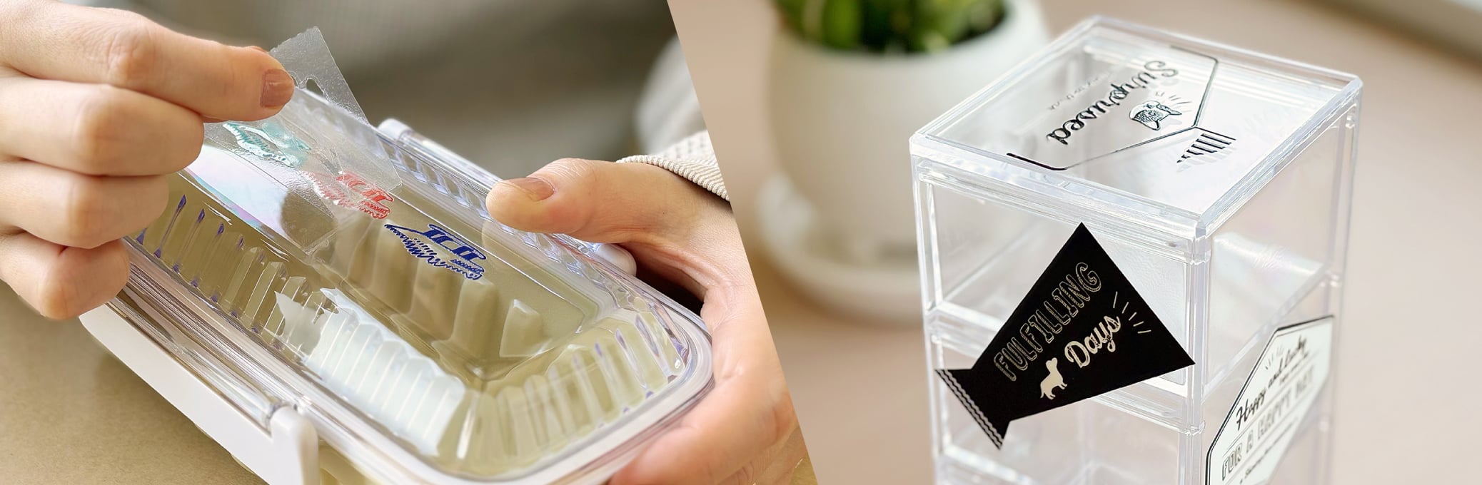 お弁当箱とプラスチックケースに転写シールを貼り付けたイメージ