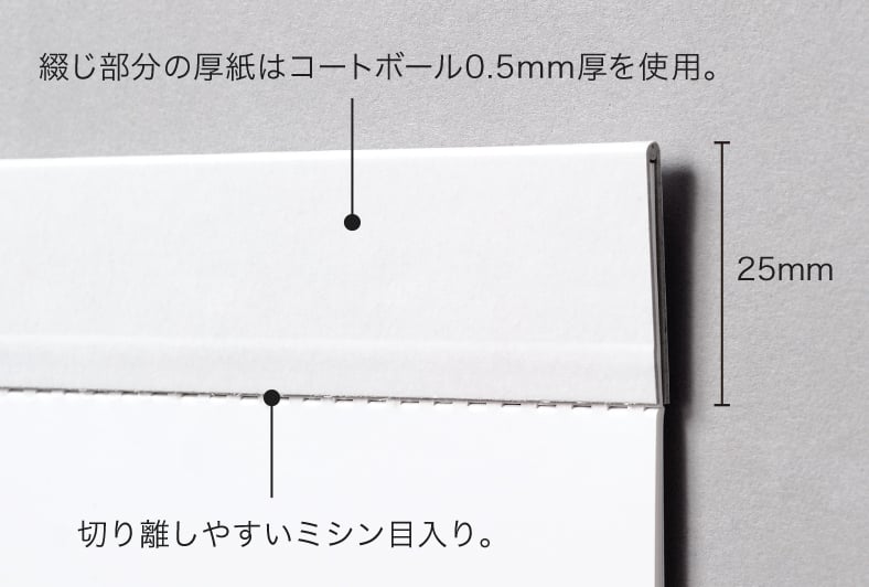 切り離しやすいミシン目入り。綴じ部分の厚紙は、コートボール0.5mm厚を使用しています。