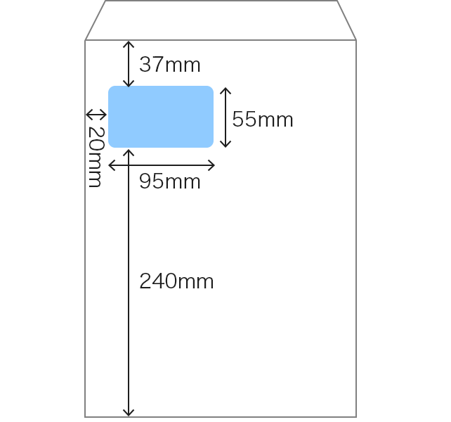 オリジナル角2封筒の窓加工位置のイメージ