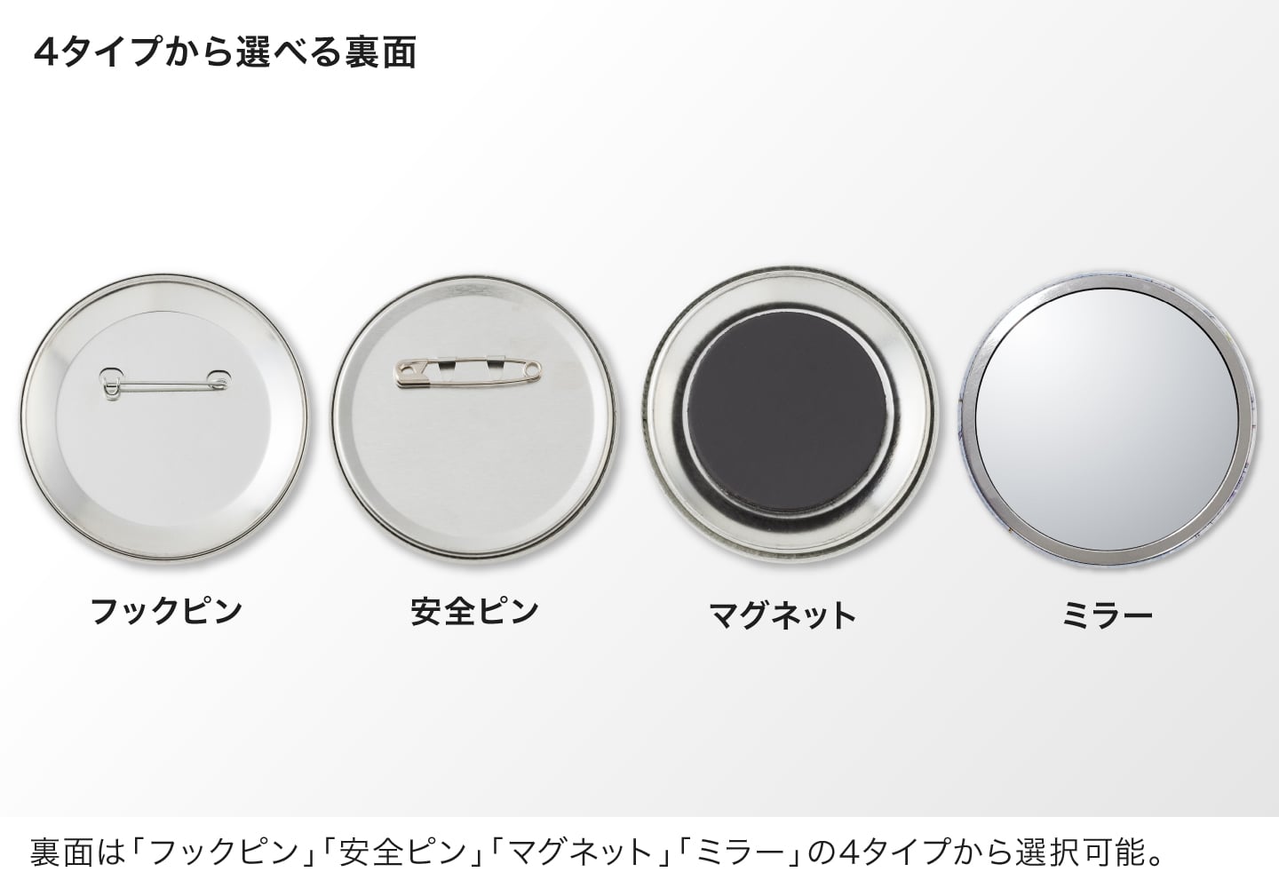 裏面は「フックピン」「安全ピン」「マグネット」「ミラー」の4タイプから選択可能。