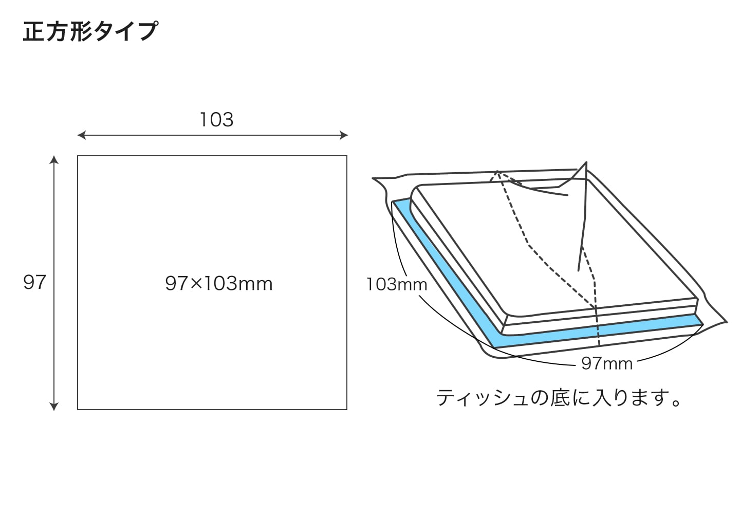 正方形タイプ寸法：103&times;97mm、ティッシュの底に入ります。